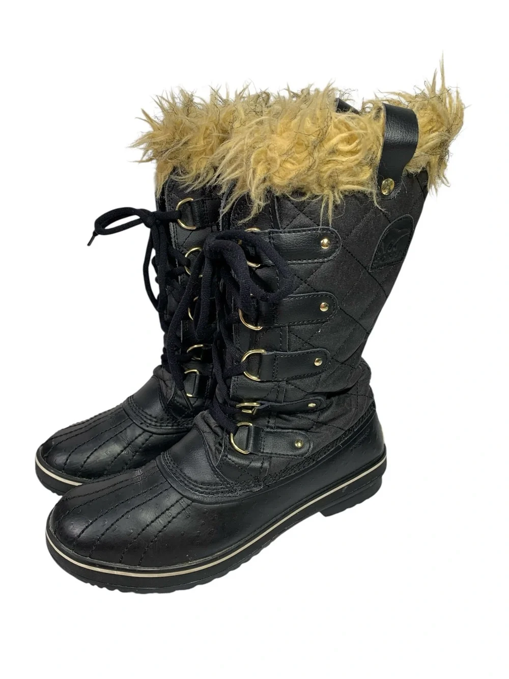 Sorel Tofino Canvas Winter Waterproof Lace Up Black Boots Faux Fur TanTrim 9.5